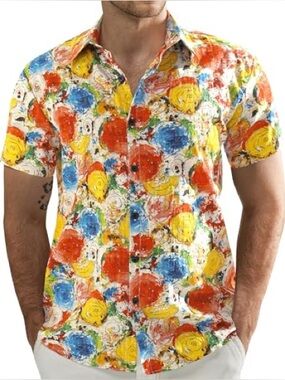 NWT- Jogal Men's Short-Sleeve Floral Paint-Print Shirt - Multi